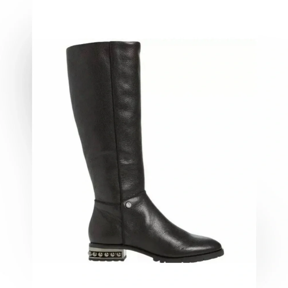 KARL LAGERFELD Seine Metal Pearl Embellished Knee-High Leather Boots Brown 8